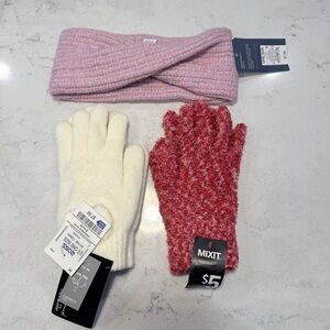 NWT-Winter Bundle Textured Ivory Gloves, Red Gloves, Pink/Purple Knit Headband